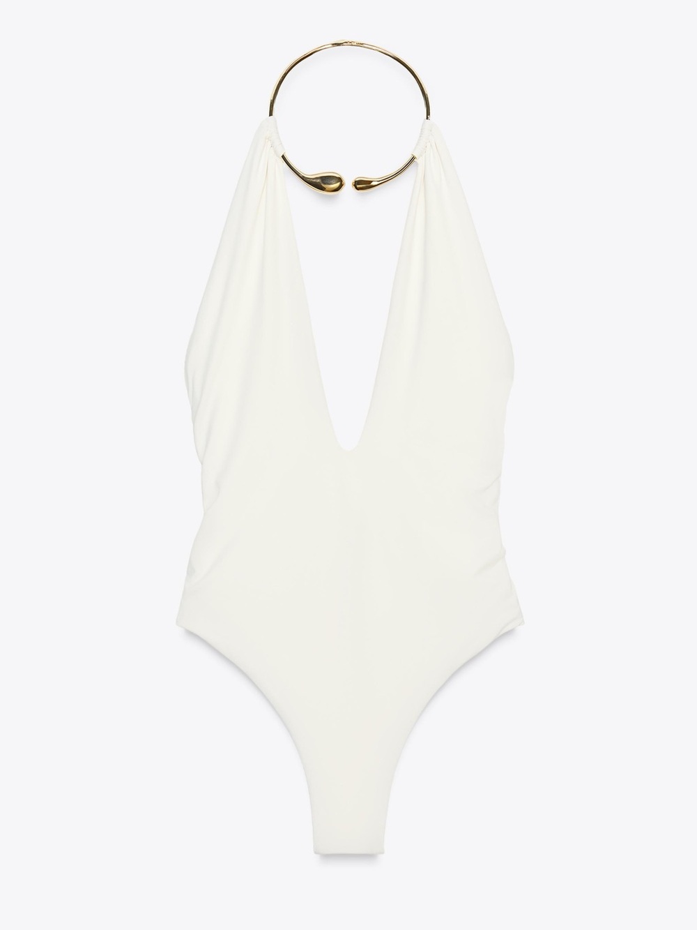 Zara White Halter One-Piece Swimsuit with Gold Ring Detail